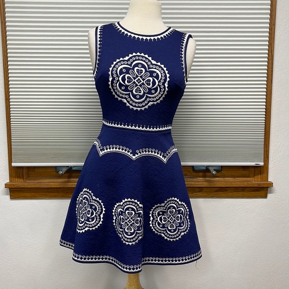 Alya Dresses & Skirts - XS // Francesca’s Alya NWT Navy Blue Embroidered Sleeveless Fit & Flare Dress